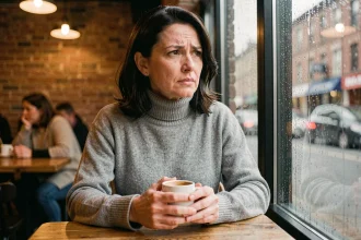 Femme seule et pensive dans un café, symbolisant la réflexion intérieure après une relation difficile avec un homme marié