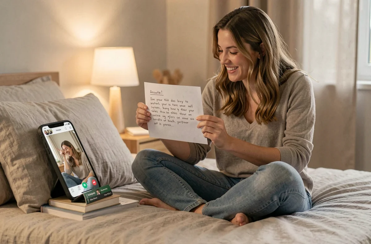 Femme participant aux Questions Les Zamours à distance sur WhatsApp en montrant sa réponse écrite