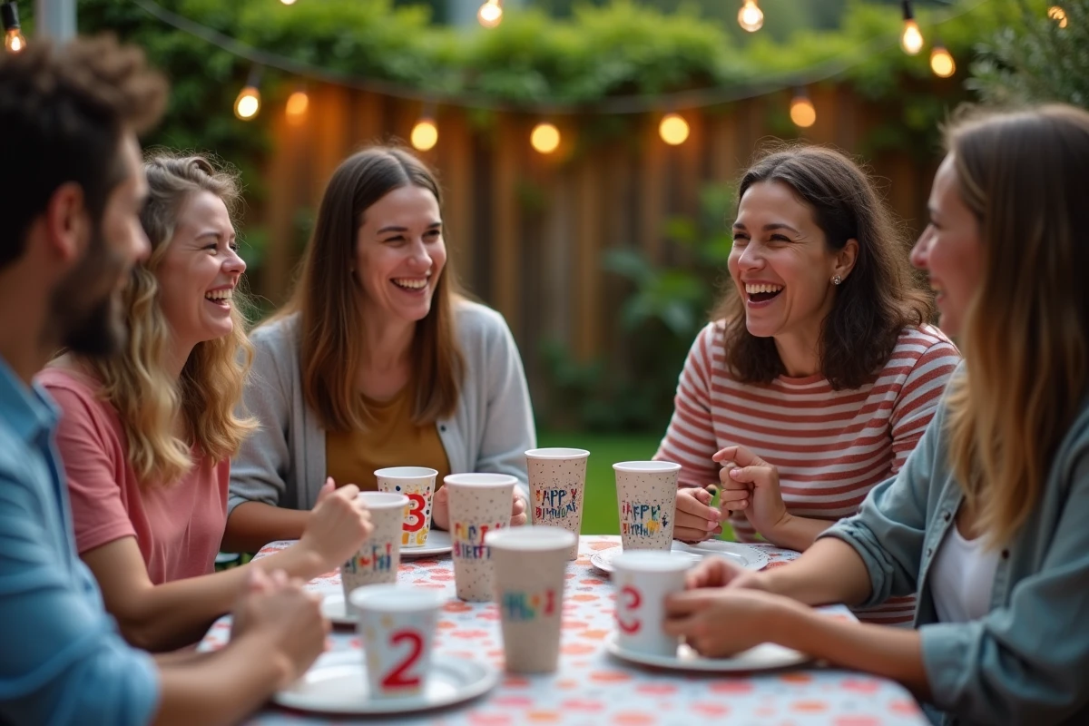 Groupe d'adultes célébrant un anniversaire en plein air avec des gobelets personnalisés assortis