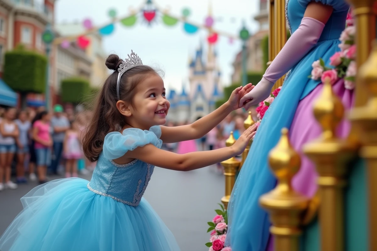 Petite fille en robe de princesse serrant la main d'un personnage Disney lors d'une parade dans un parc