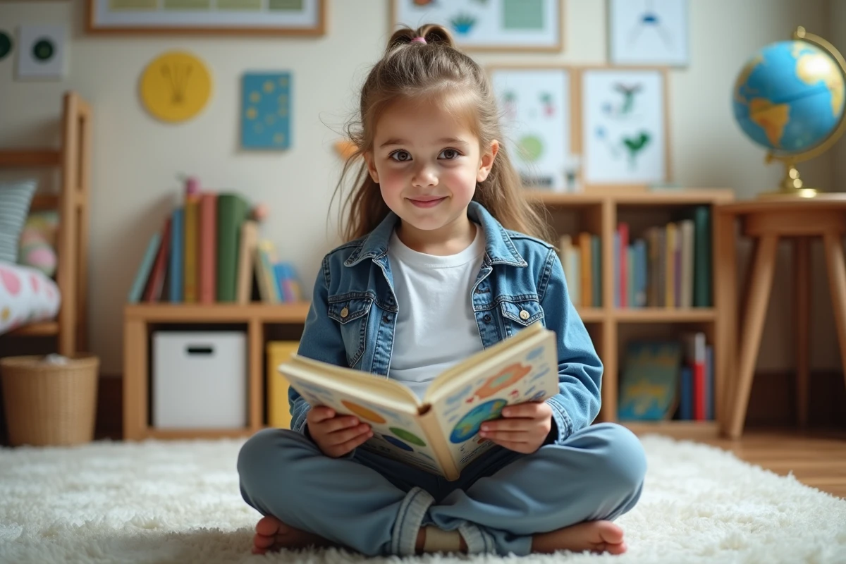 Fillette de 8 ans lisant un livre de sciences illustré dans sa chambre avec une étagère colorée en arrière-plan