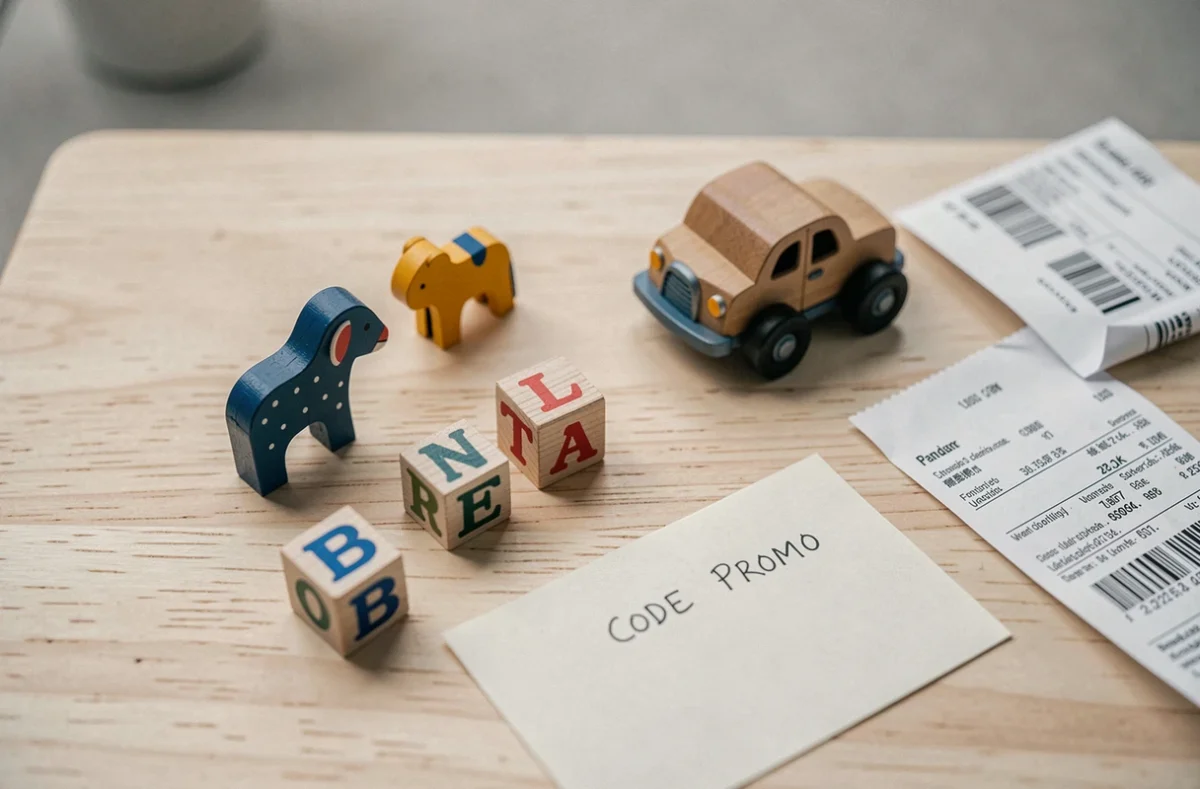 Jouets en bois artisanaux disposés en flat lay avec une note de code promo et un reçu sur une table en bouleau