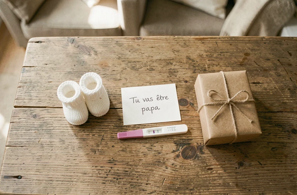 Flat-lay de cadeaux et message manuscrit pour annoncer une grossesse au papa de façon originale
