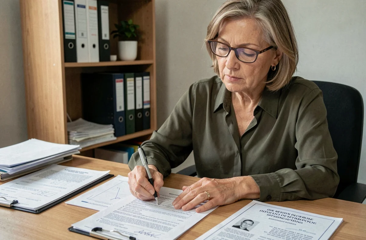 Femme retraitée remplissant un formulaire administratif de déclaration de décès à la CPAM à son bureau à domicile
