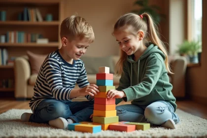 Deux frères et sœurs construisent ensemble une tour de cubes colorés sur le sol d'un salon chaleureux, illustrant la coopération et la complicité entre enfants