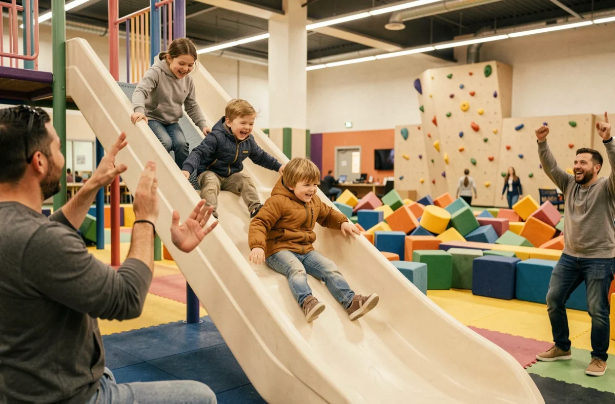 Famille avec enfants profitant des toboggans et structures de jeux du Gadawi Park, complexe de loisirs indoor à Joué-lès-Tours