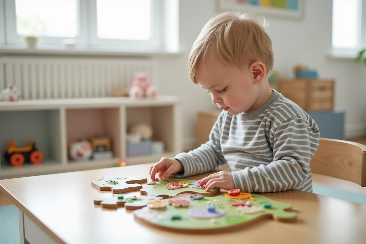 Jeune garçon de 3 ans assemblant un puzzle en mousse de 12 pièces représentant une scène de ferme