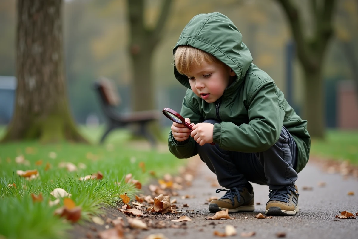 Garçon de 8 ans accroupi dans un parc en train d'observer un insecte avec une loupe, entouré d'herbe et de feuilles