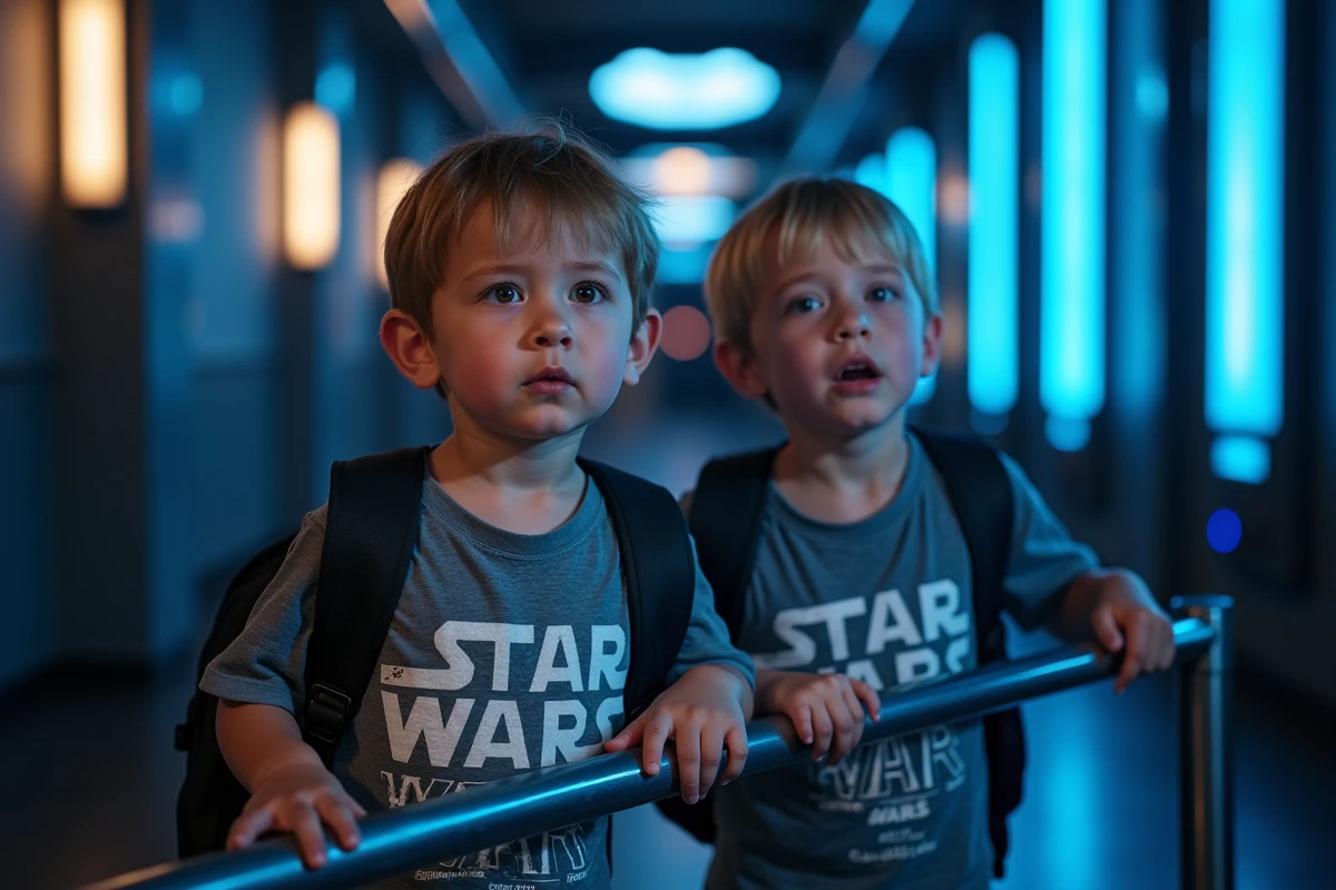 Deux garçons en t-shirts Star Wars impatients dans la file d'attente d'une attraction futuriste Disney