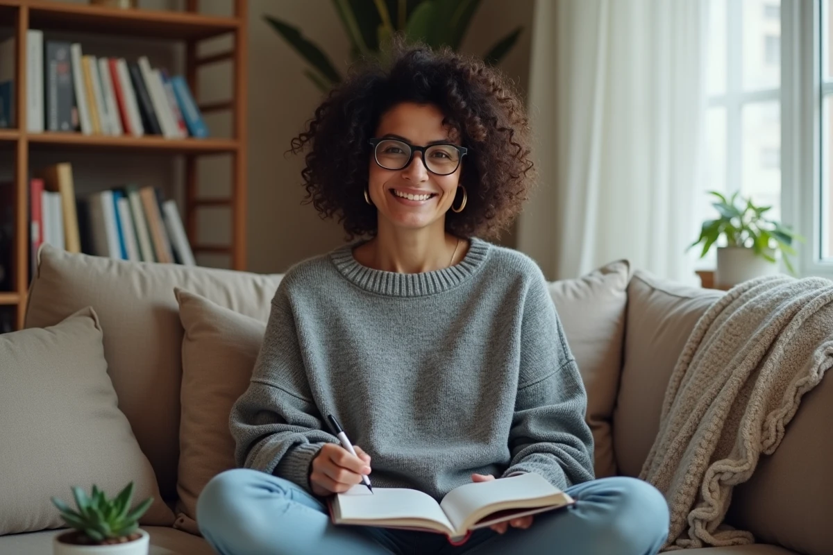 Jeune femme planifiant son organisation personnelle dans un salon cosy, illustrant la gestion du temps pour mieux concilier travail et vie privée