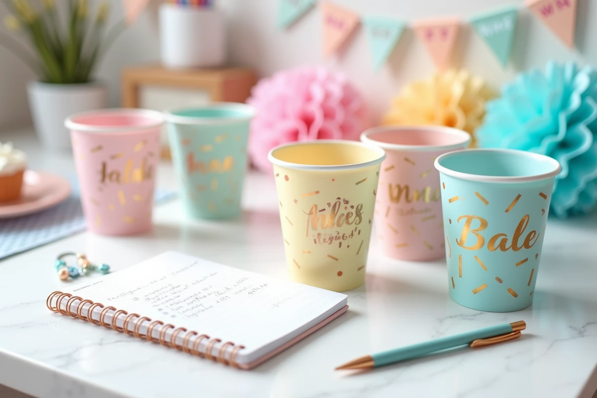 Vue de dessus de gobelets personnalisés pour anniversaire disposés sur un bureau avec un carnet de planification