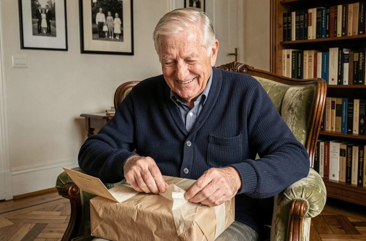 Grand-père ému en train de déballer un cadeau commun offert par ses petits-enfants dans un salon traditionnel français lors de la Fête des grands-pères