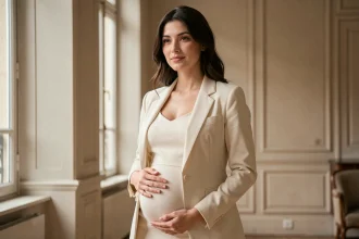 Femme enceinte élégante en veste crème dans un intérieur parisien lumineux, illustrant une grossesse médiatisée