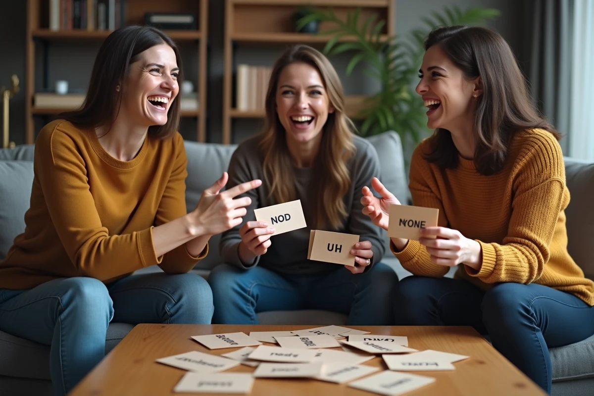 Groupe d'adultes jouant au jeu de mimes avec des cartes faites maison dans un salon moderne
