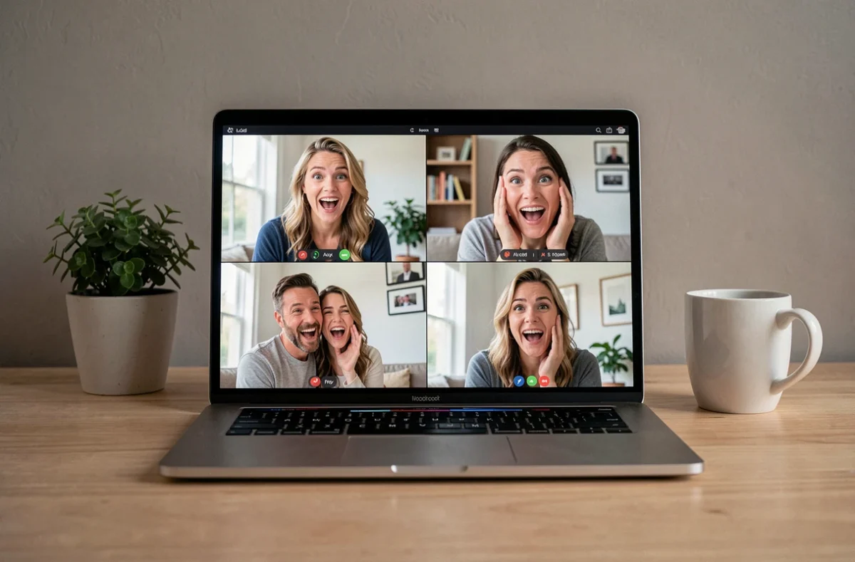 Groupe d'amis jouant aux Questions Les Zamours à distance sur Zoom via un ordinateur portable