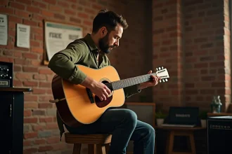 Guitariste acoustique concentré dans une salle de répétition aux murs en brique, illustrant l'importance des musiciens dans la culture