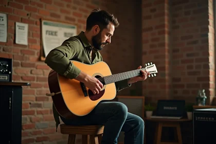 Guitariste acoustique concentré dans une salle de répétition aux murs en brique, illustrant l'importance des musiciens dans la culture