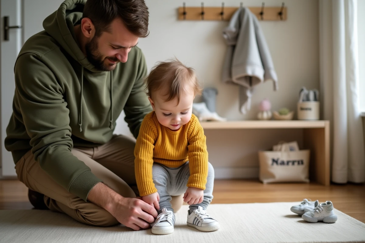 Papa aidant son bébé à enfiler ses chaussures avant de partir à la crèche, tenue pratique en coton rayé et jogging gris