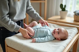 Maman habillant son bébé en tenue confortable pour la crèche, avec une grenouillère en coton bleue sur une table à langer en bois