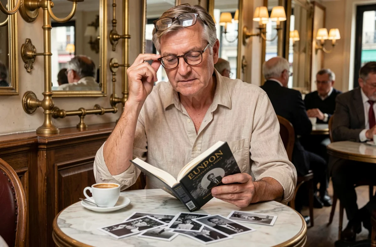 Historien passionné dans une brasserie parisienne classique consultant des documents sur María de la Soledad et l'affaire Mesrine