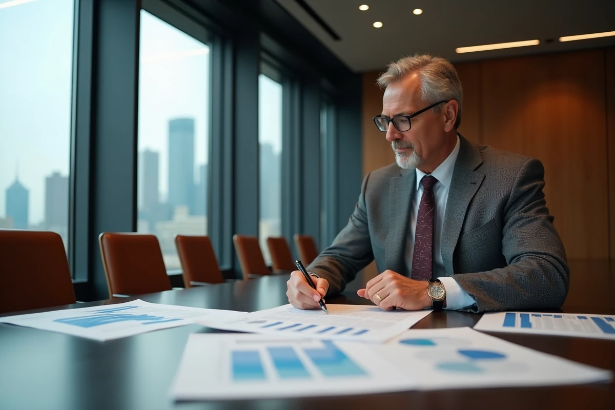 Homme d'affaires senior analysant des documents financiers dans une salle de conseil d'administration