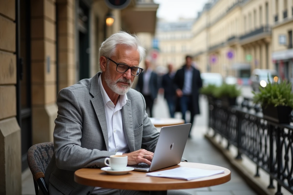 Homme d'affaires senior en pause café en terrasse parisienne consultant ses documents professionnels
