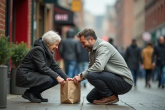 Un homme bienveillant aidant une femme âgée à ramasser ses courses sur un trottoir urbain, illustrant la gentillesse comme plus belle qualité masculine