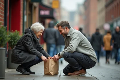 Un homme bienveillant aidant une femme âgée à ramasser ses courses sur un trottoir urbain, illustrant la gentillesse comme plus belle qualité masculine