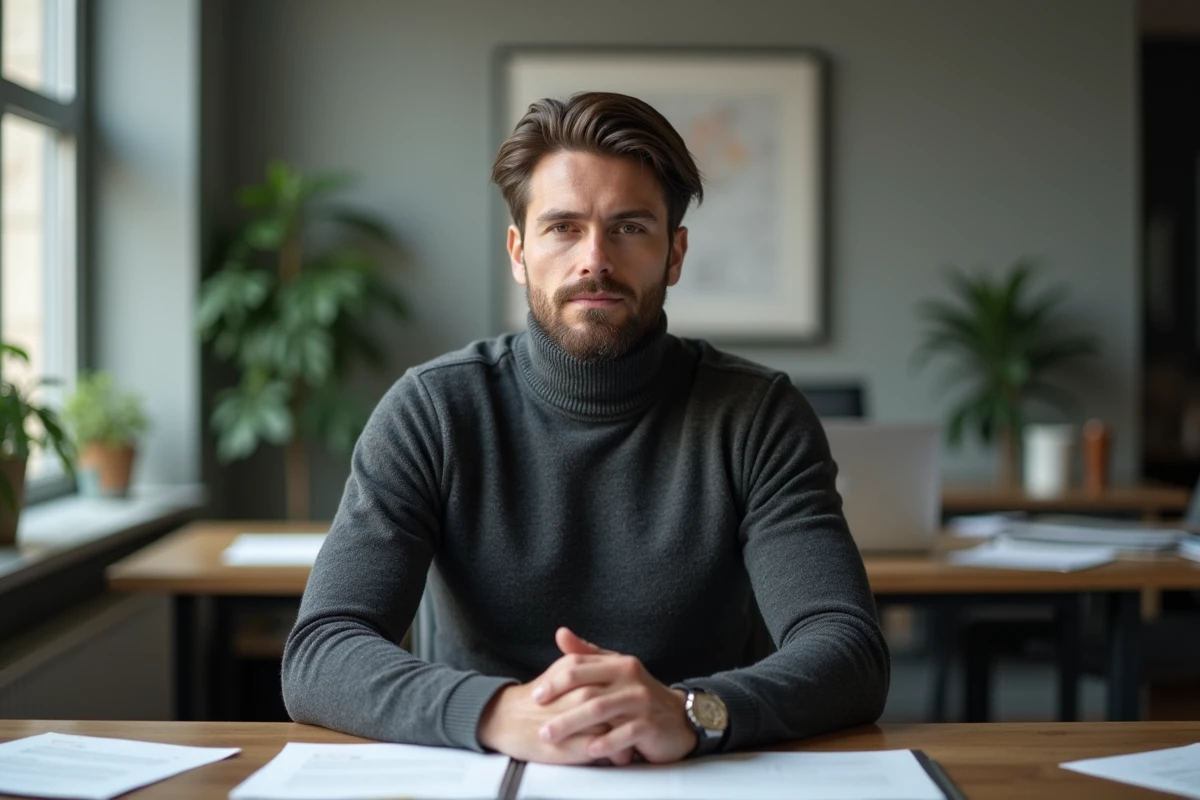 Homme assis dans un bureau éditorial minimaliste, expression neutre et posture réservée, symbolisant la discrétion médiatique et les spéculations sur ses origines