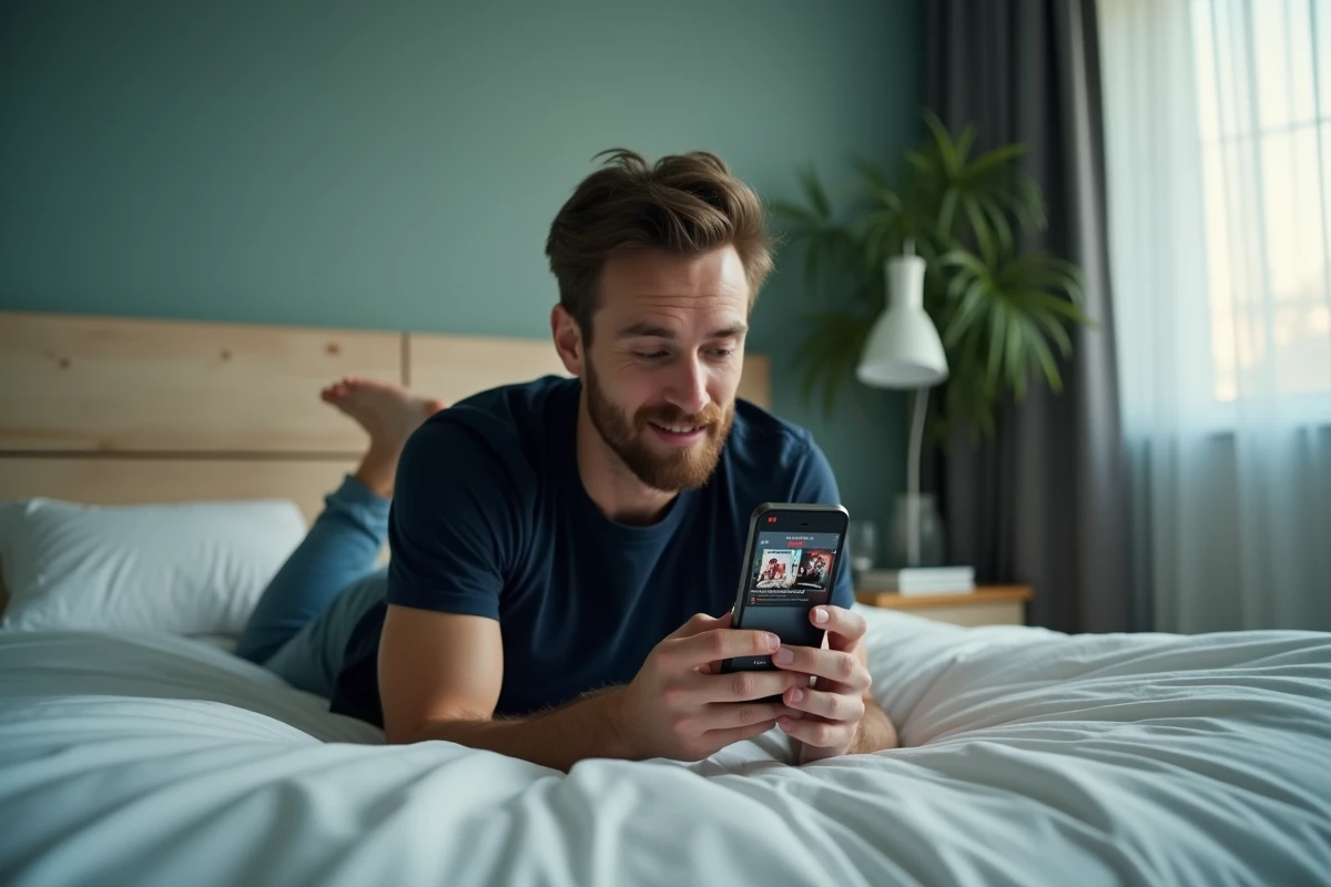 Jeune homme allongé sur un lit blanc qui consulte Netflix sur son smartphone pour choisir un film à regarder
