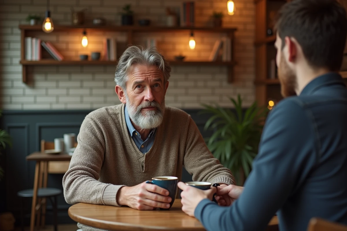 Un homme mature écoutant attentivement son interlocuteur dans un café chaleureux, représentant l'empathie et l'écoute comme qualités profondes de caractère