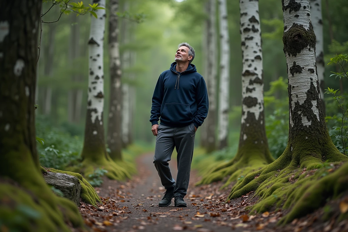 Homme se ressourçant en forêt pour effectuer un reset mental loin du stress quotidien