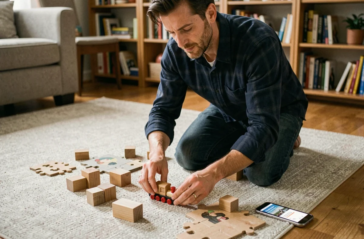 Homme arrangeant des jouets en bois sur le sol d'un salon avec une confirmation de réduction sur son smartphone