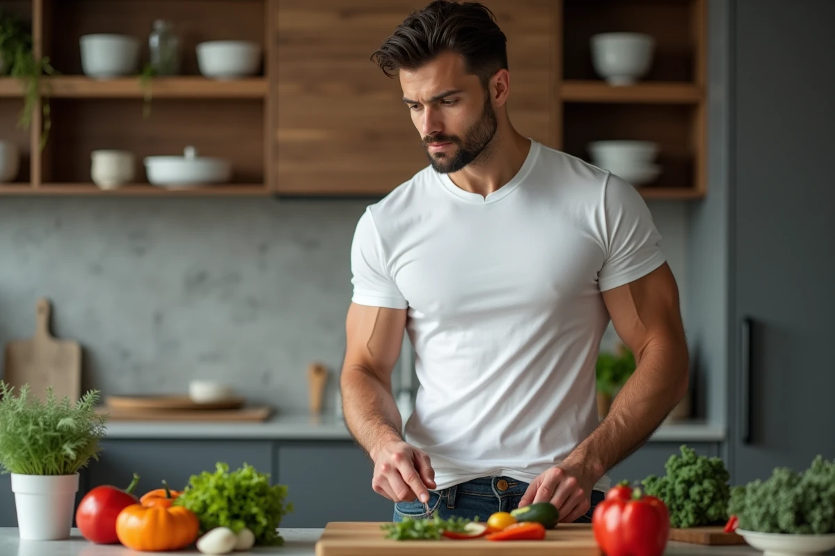 Homme moderne et attentionné cuisinant à la maison, représentant les qualités domestiques et humaines recherchées par les femmes