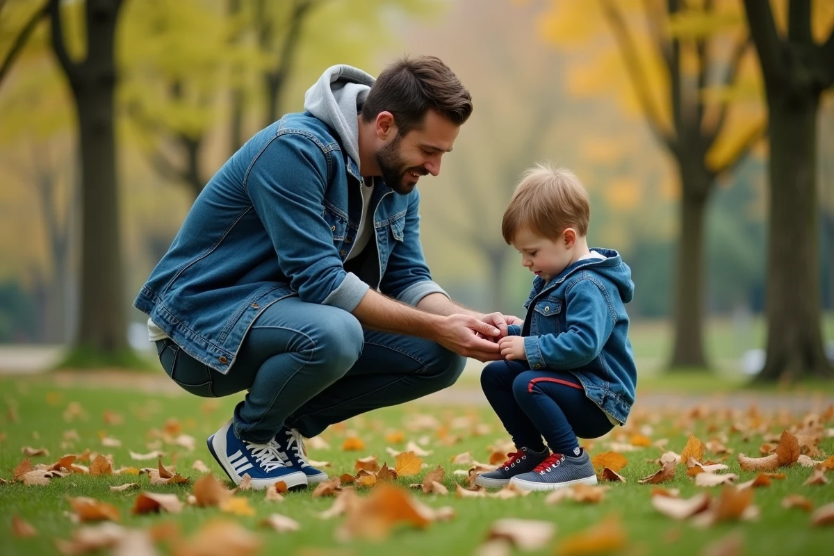 Un homme patient aidant un enfant à lacer ses chaussures dans un parc en automne, symbolisant la patience et la bienveillance comme plus belles qualités humaines