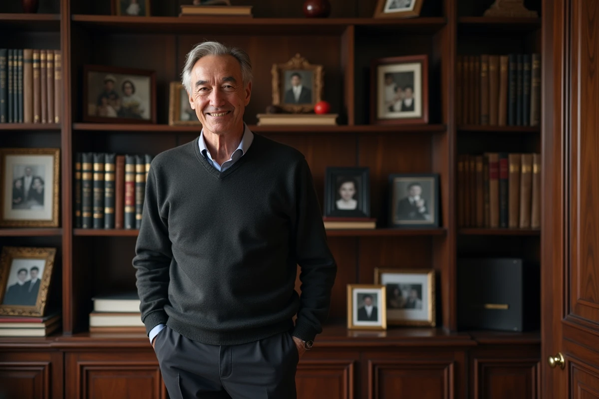 Homme politique dans son bureau personnel entouré de livres et de photos de famille illustrant l'équilibre vie privée et carrière