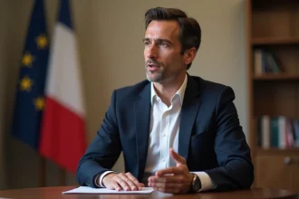 Portrait d'un homme politique français en interview formelle, costume marine, gesticulant lors d'une prise de parole officielle