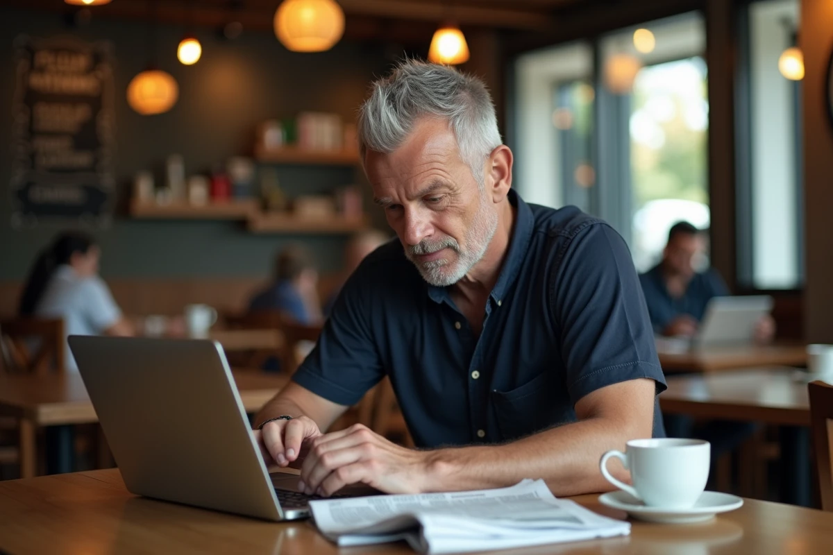 Homme d'âge moyen faisant des recherches sur son ordinateur portable dans un café avec un journal pour illustrer les méthodes de vérification des informations