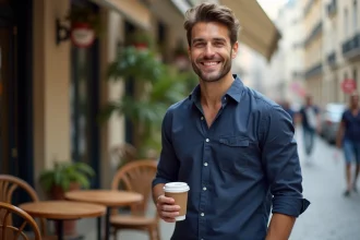 Homme séduisant et confiant en chemise bleue dans un café urbain, illustrant les qualités que les femmes recherchent chez un homme