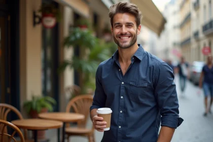 Homme séduisant et confiant en chemise bleue dans un café urbain, illustrant les qualités que les femmes recherchent chez un homme