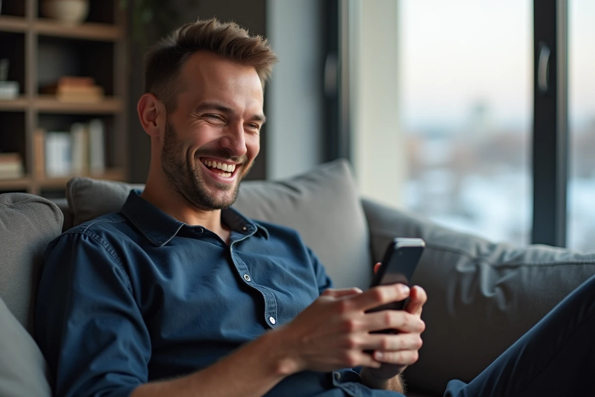 Homme en appel vidéo sur smartphone souriant en échangeant des vœux avec ses proches depuis son salon