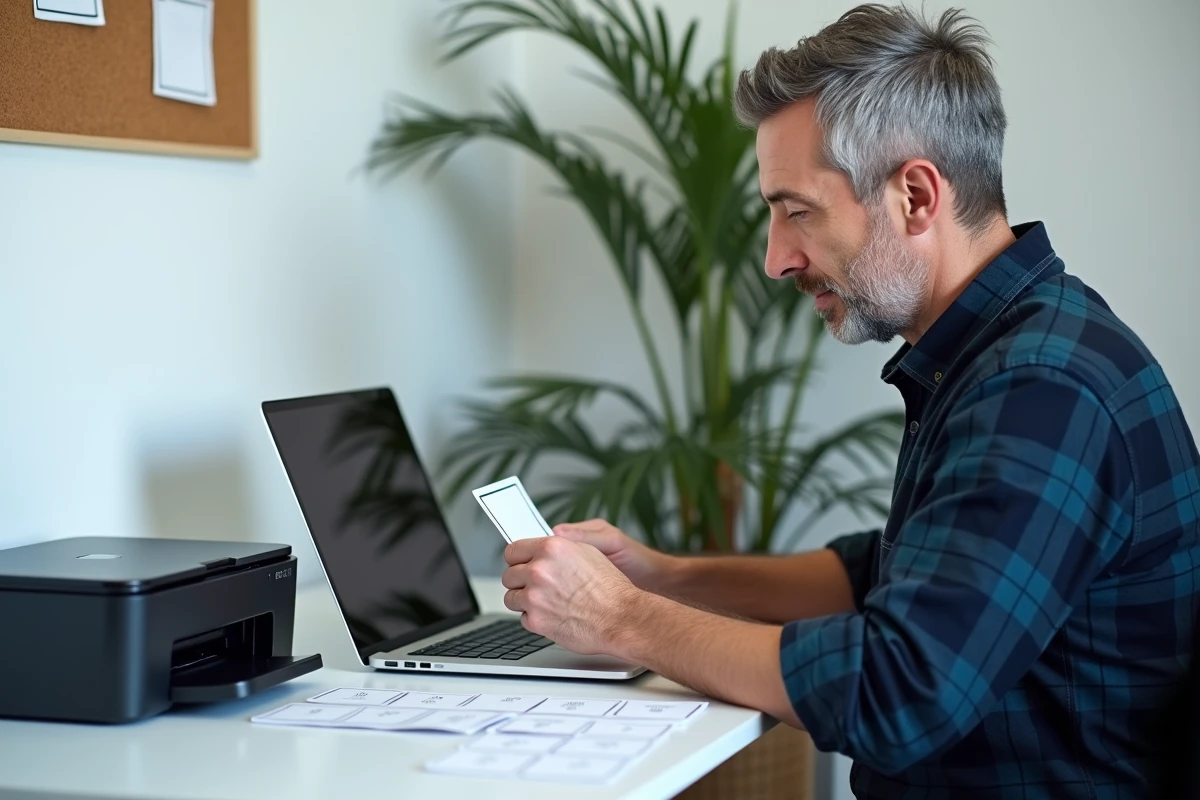 Homme imprimant et préparant des cartes de jeu de mimes personnalisées depuis son bureau à domicile