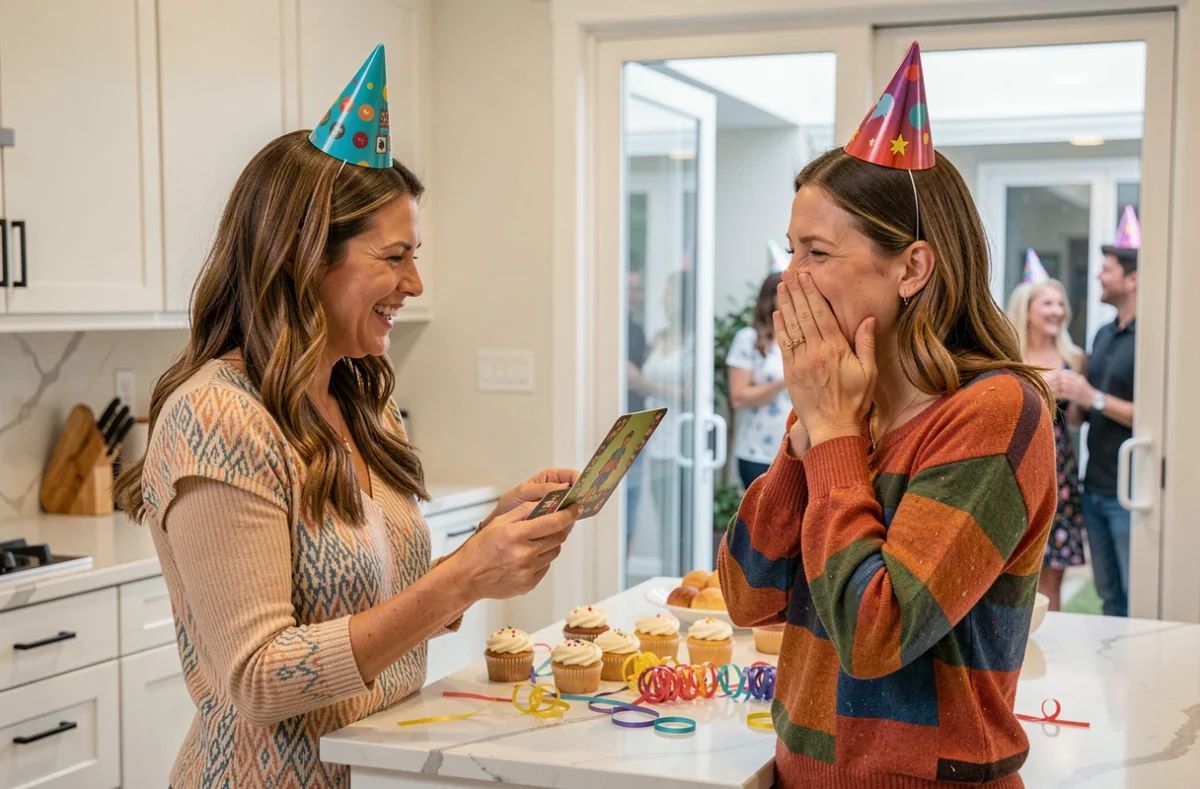 Deux femmes adultes jouant à un jeu de cartes bienveillant lors d'un anniversaire en cuisine