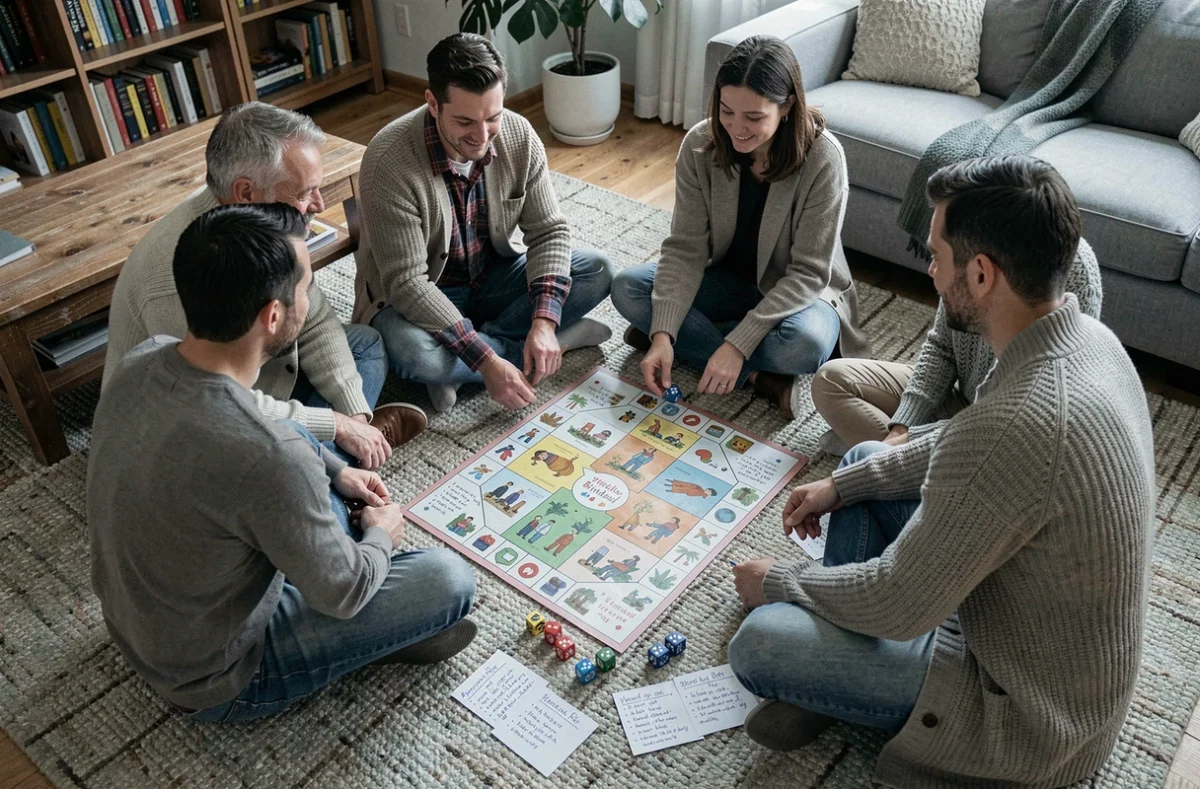 Adultes assis en cercle sur un tapis jouant à un jeu de société bienveillant pour anniversaire