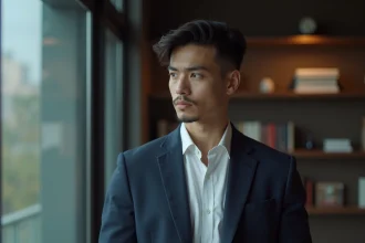Portrait d'un jeune homme discret en veste marine près d'une fenêtre urbaine, illustrant la discrétion et les spéculations sur ses origines familiales