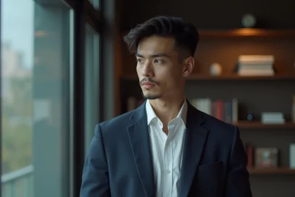 Portrait d'un jeune homme discret en veste marine près d'une fenêtre urbaine, illustrant la discrétion et les spéculations sur ses origines familiales