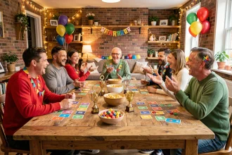 Groupe d'adultes riants autour d'une table lors d'un jeu d'anniversaire festif et bienveillant