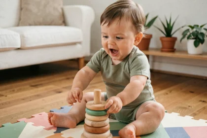 Bébé de 12 mois assis sur un tapis de jeu en mousse, attrapant un jouet en bois pour développer sa motricité fine