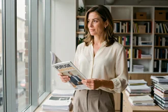 Journaliste professionnelle tenant un magazine dans un bureau éditorial moderne, illustrant une analyse de sources fiables sur une personnalité médiatique