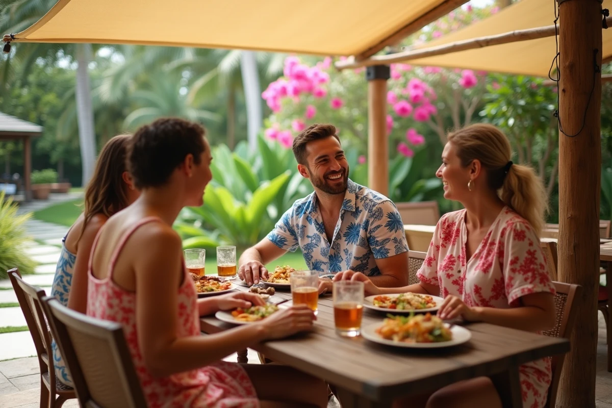 Groupe d'amis profitant du restaurant buffet en terrasse lors d'une journée visiteur au Club Med